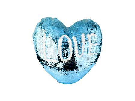 Funda Coj&iacute;n Lentejuelas Forma Coraz&oacute;n (Azul Celeste con Blanco, 39*44cm)